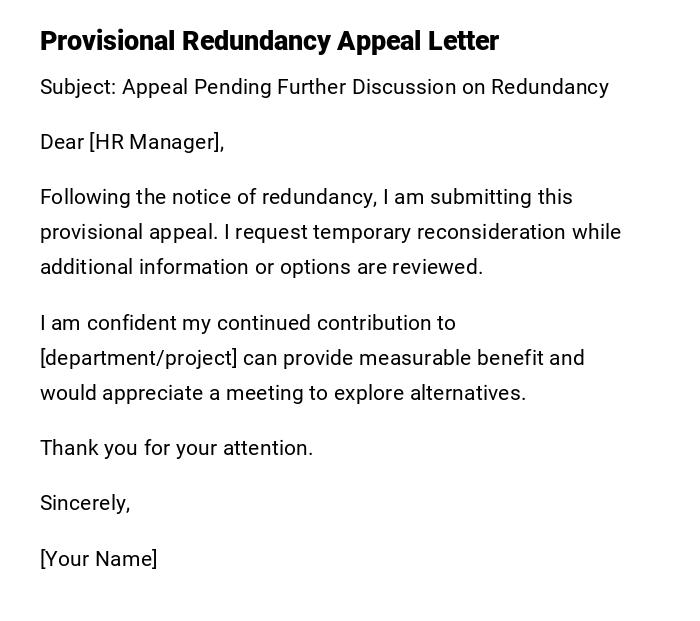 Provisional Redundancy Appeal Letter