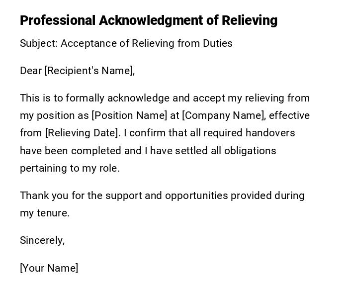 Professional Acknowledgment of Relieving