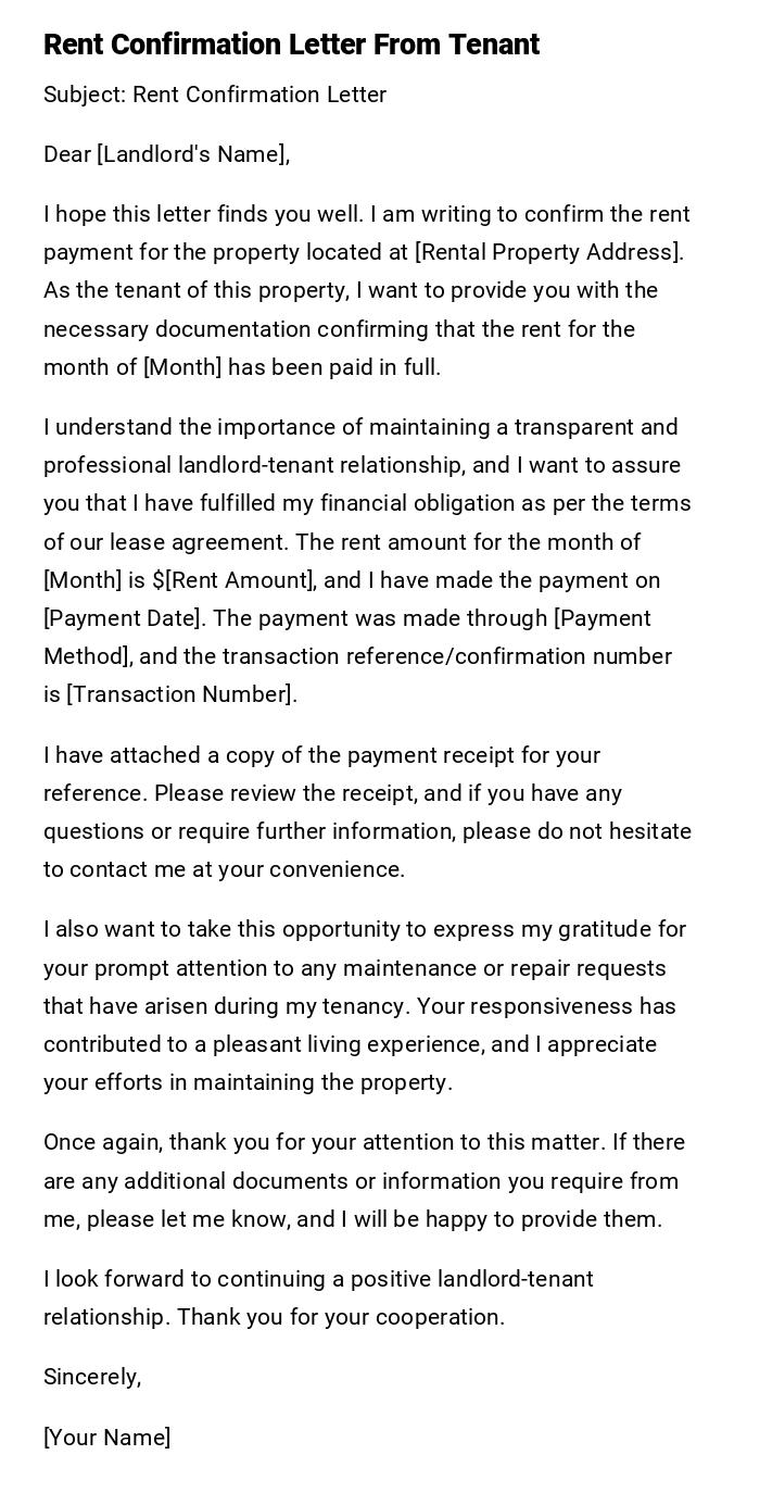 Rent Confirmation Letter From Tenant