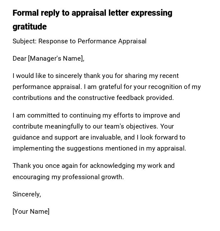 Formal reply to appraisal letter expressing gratitude