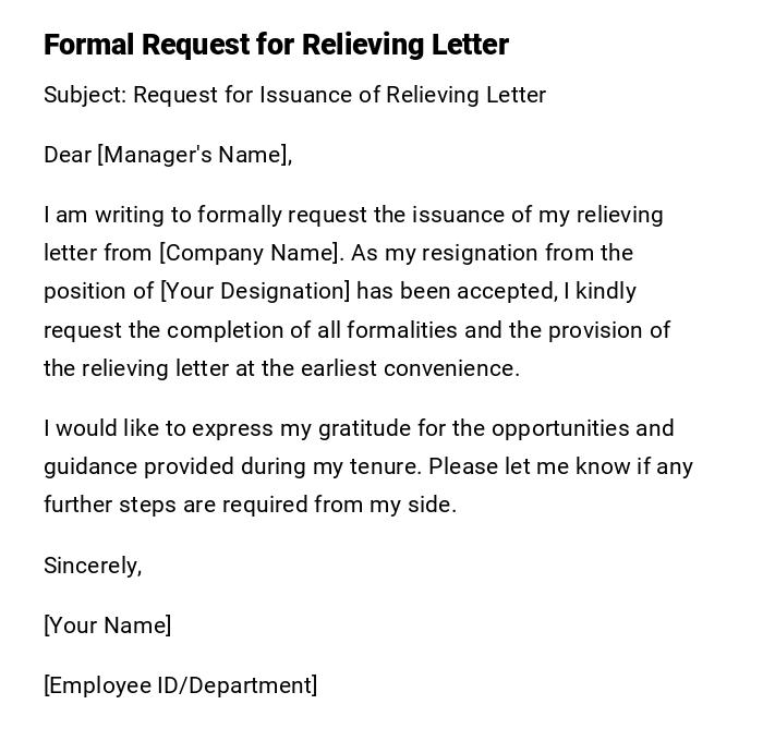 Formal Request for Relieving Letter