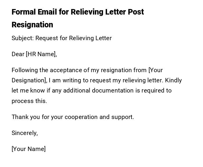 Formal Email for Relieving Letter Post Resignation
