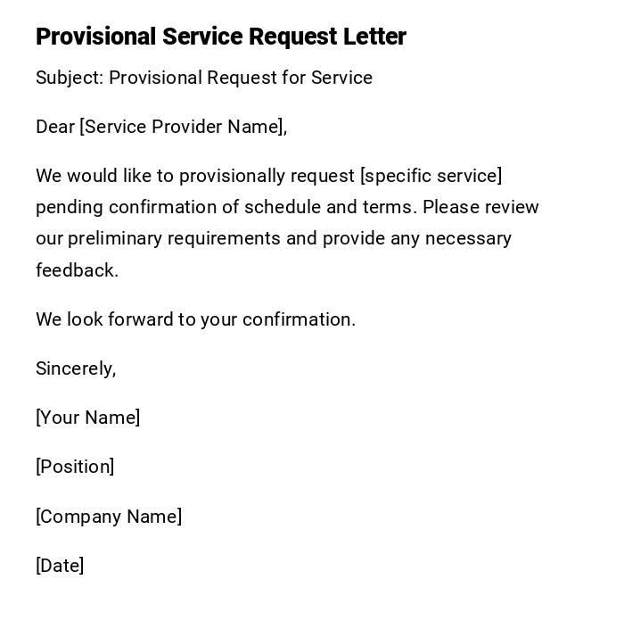 Provisional Service Request Letter