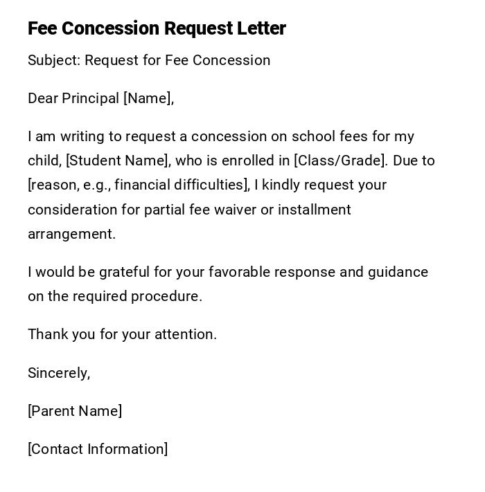 Fee Concession Request Letter