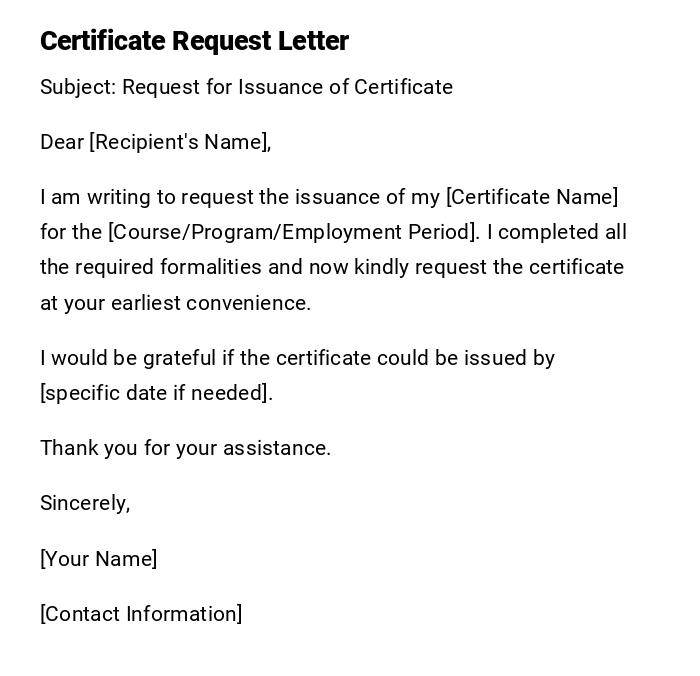 Certificate Request Letter