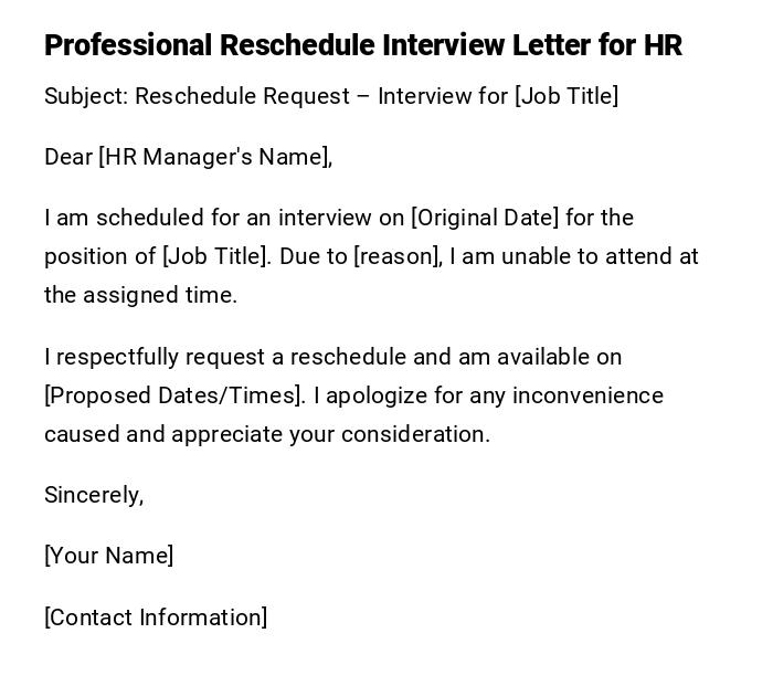 Professional Reschedule Interview Letter for HR