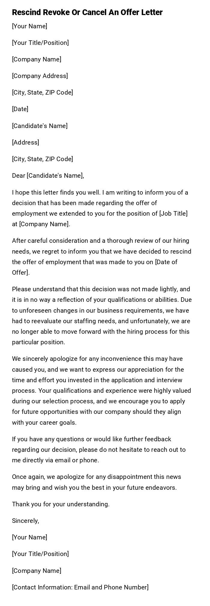 Rescind Revoke Or Cancel An Offer Letter