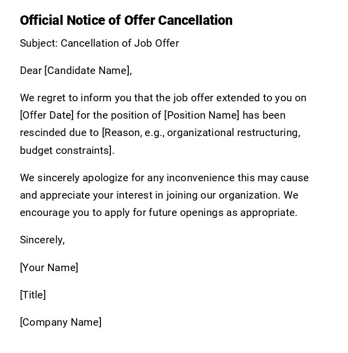 Official Notice of Offer Cancellation