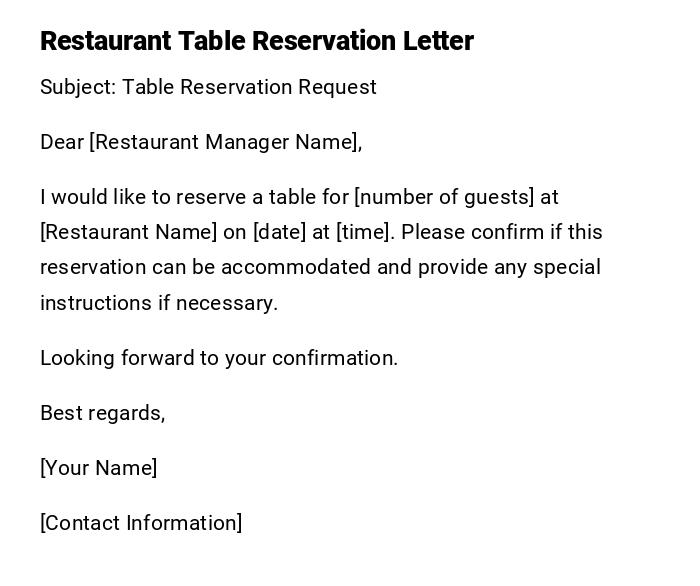 Restaurant Table Reservation Letter