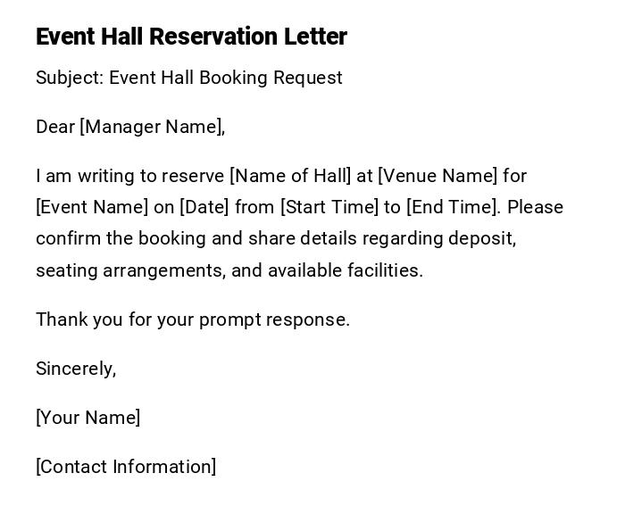 Event Hall Reservation Letter