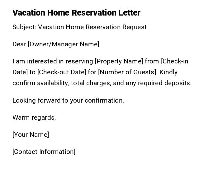 Vacation Home Reservation Letter