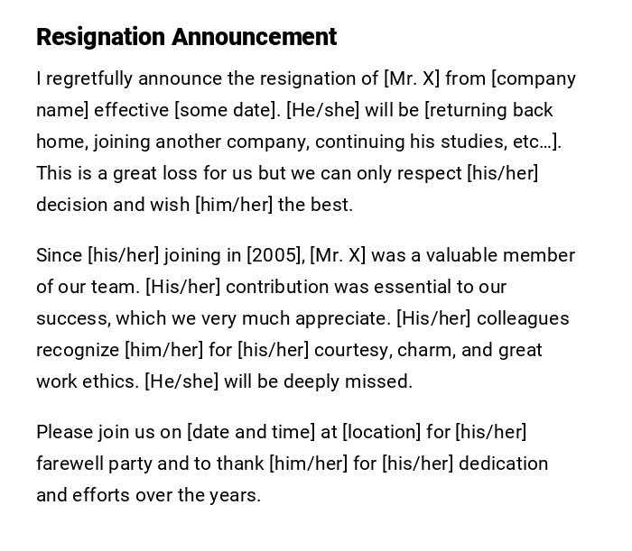 Resignation Announcement Resignation Announcement