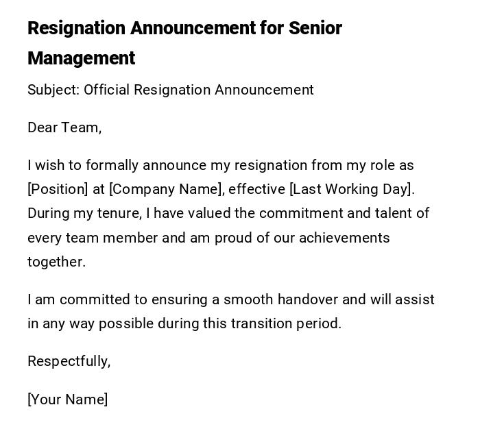 Resignation Announcement for Senior Management Resignation Announcement for Senior Management