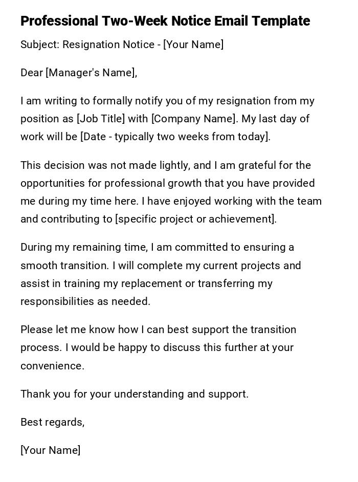 Professional Two-Week Notice Email Template Professional Two-Week Notice Email Template