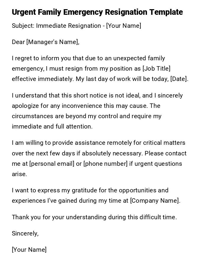 Urgent Family Emergency Resignation Template Urgent Family Emergency Resignation Template