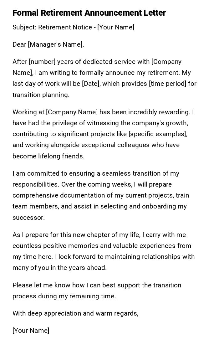 Formal Retirement Announcement Letter Formal Retirement Announcement Letter