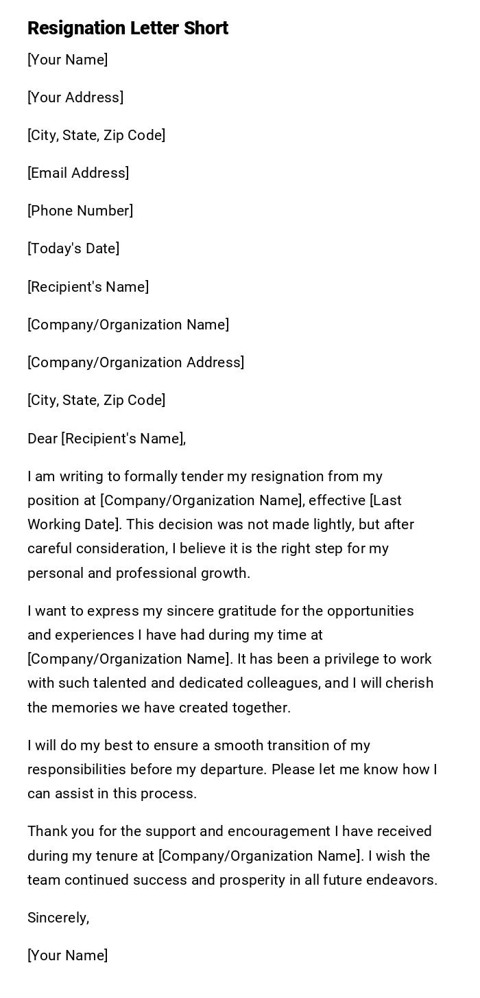 Resignation Letter Short Resignation Letter Short