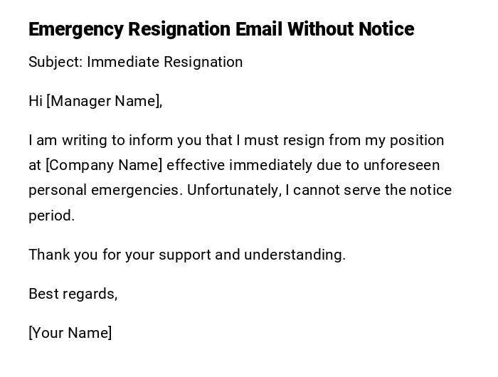 Emergency Resignation Email Without Notice