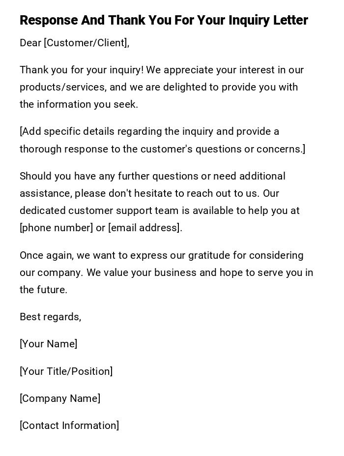 Response And Thank You For Your Inquiry Letter Response And Thank You For Your Inquiry Letter
