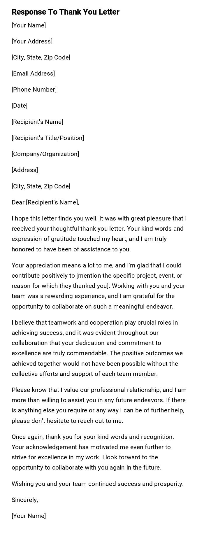 Response To Thank You Letter Response To Thank You Letter