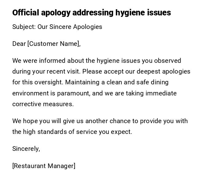 Official apology addressing hygiene issues