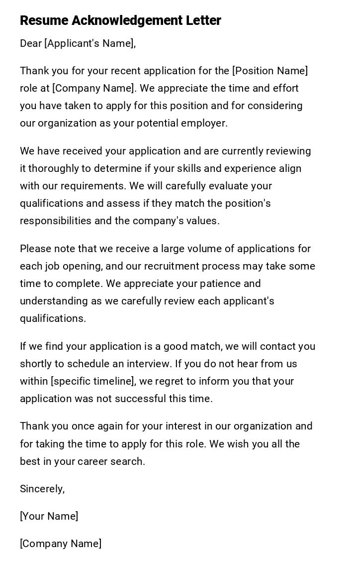 Resume Acknowledgement Letter Resume Acknowledgement Letter