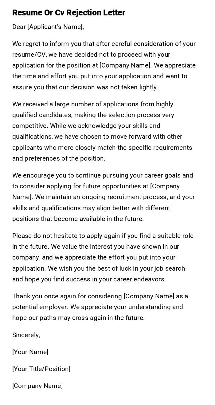 Resume Or Cv Rejection Letter Resume Or Cv Rejection Letter