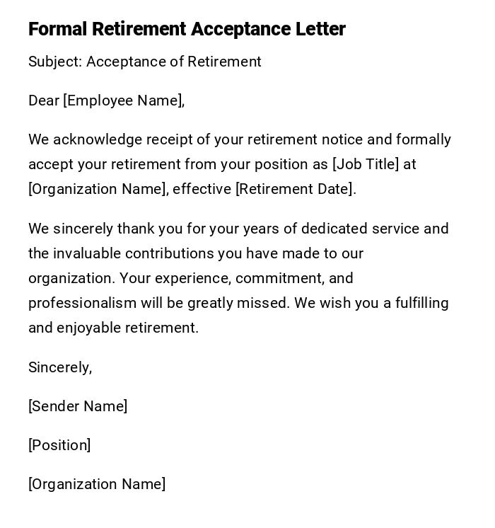 Formal Retirement Acceptance Letter