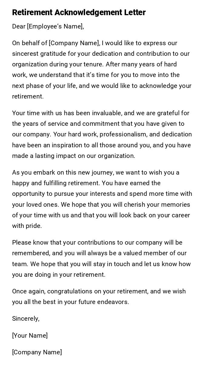 Retirement Acknowledgement Letter Retirement Acknowledgement Letter