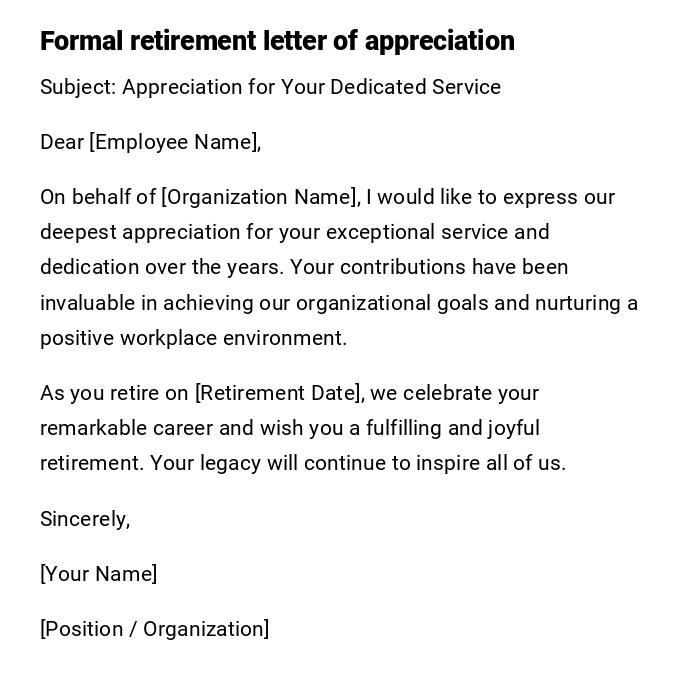 Formal retirement letter of appreciation