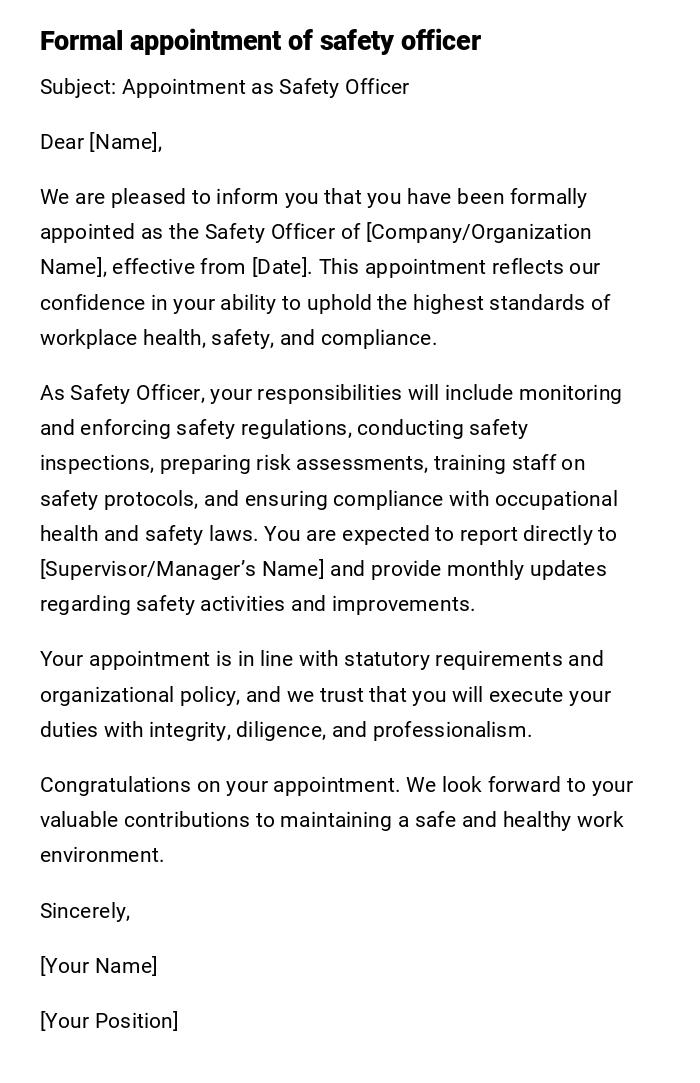 Formal appointment of safety officer