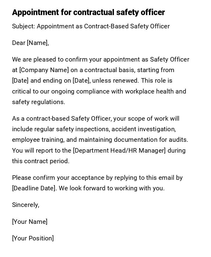 Appointment for contractual safety officer
