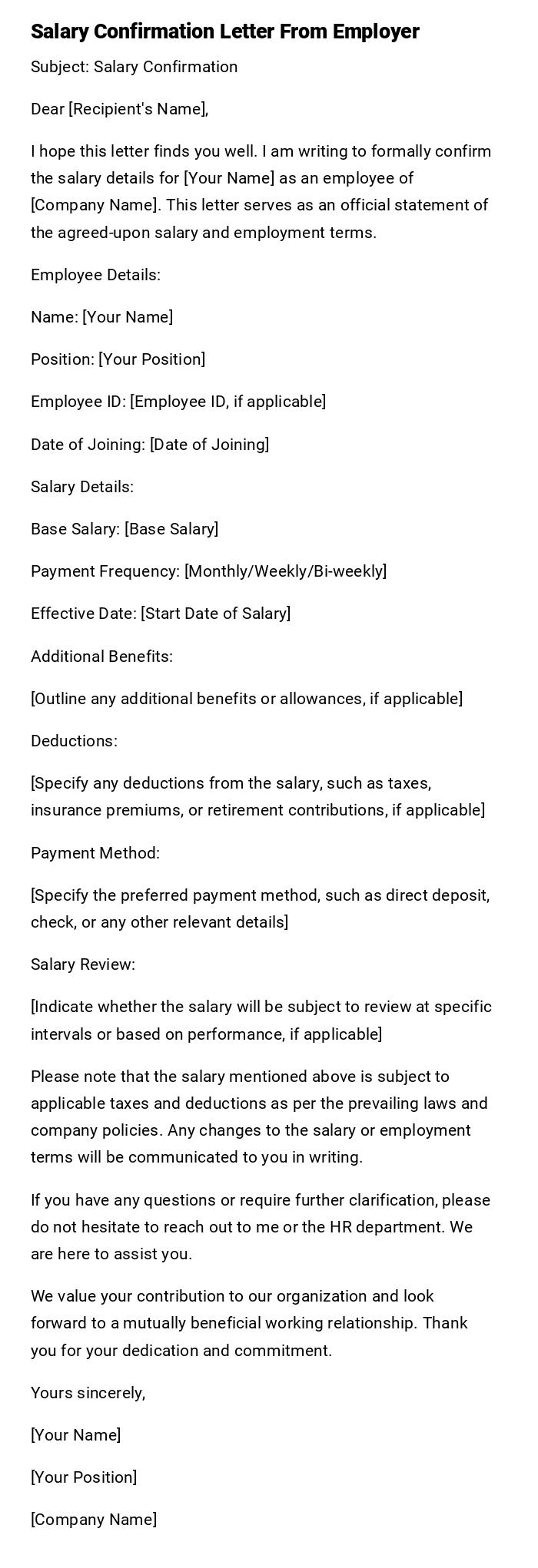 Salary Confirmation Letter From Employer