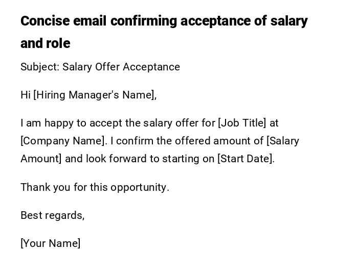 Concise email confirming acceptance of salary and role