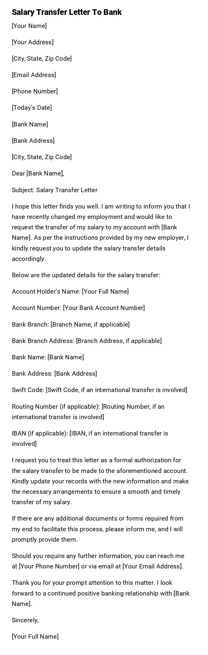 Salary Transfer Letter To Bank