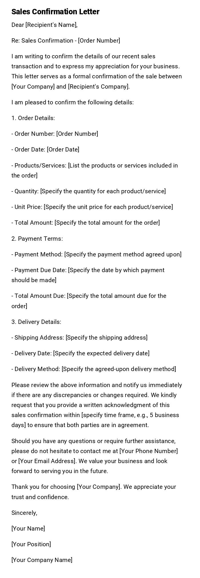 Sales Confirmation Letter