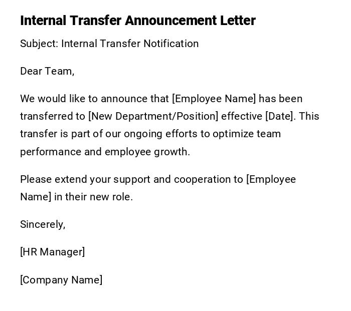 Internal Transfer Announcement Letter Internal Transfer Announcement Letter