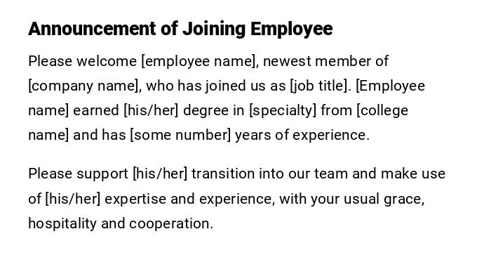 Announcement of Joining Employee