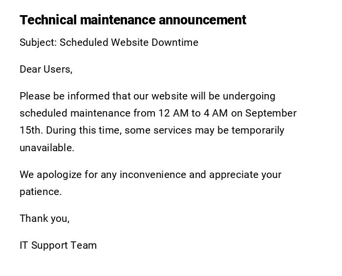 Technical maintenance announcement