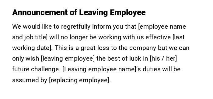 Announcement of Leaving Employee
