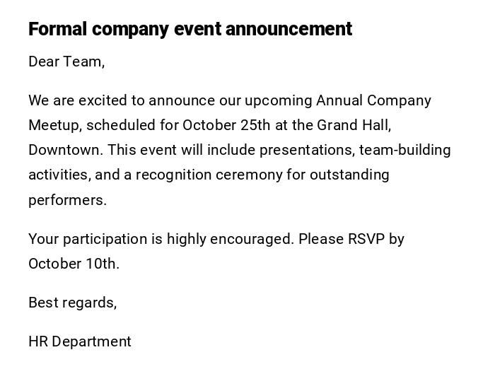 Formal company event announcement