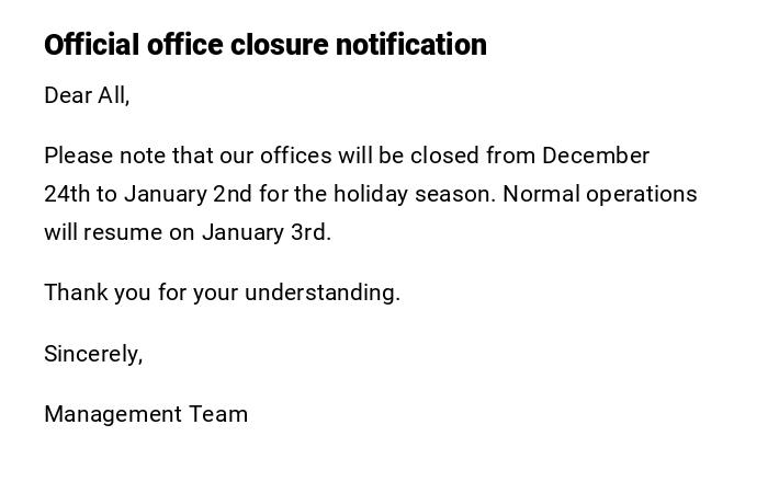 Official office closure notification