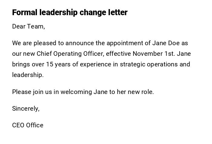 Formal leadership change letter
