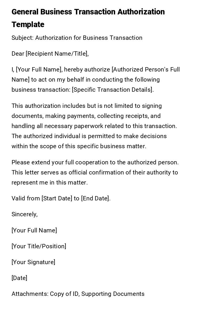 General Business Transaction Authorization Template