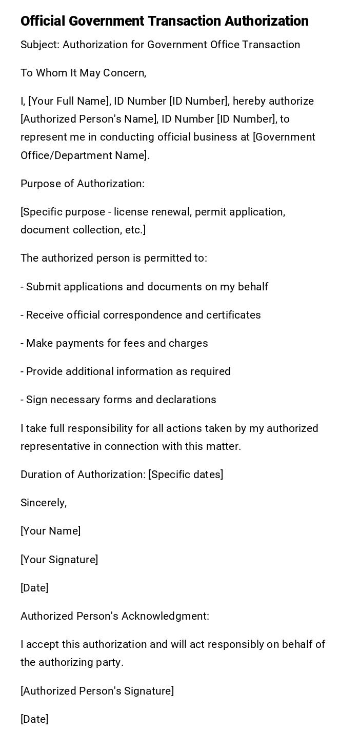 Official Government Transaction Authorization