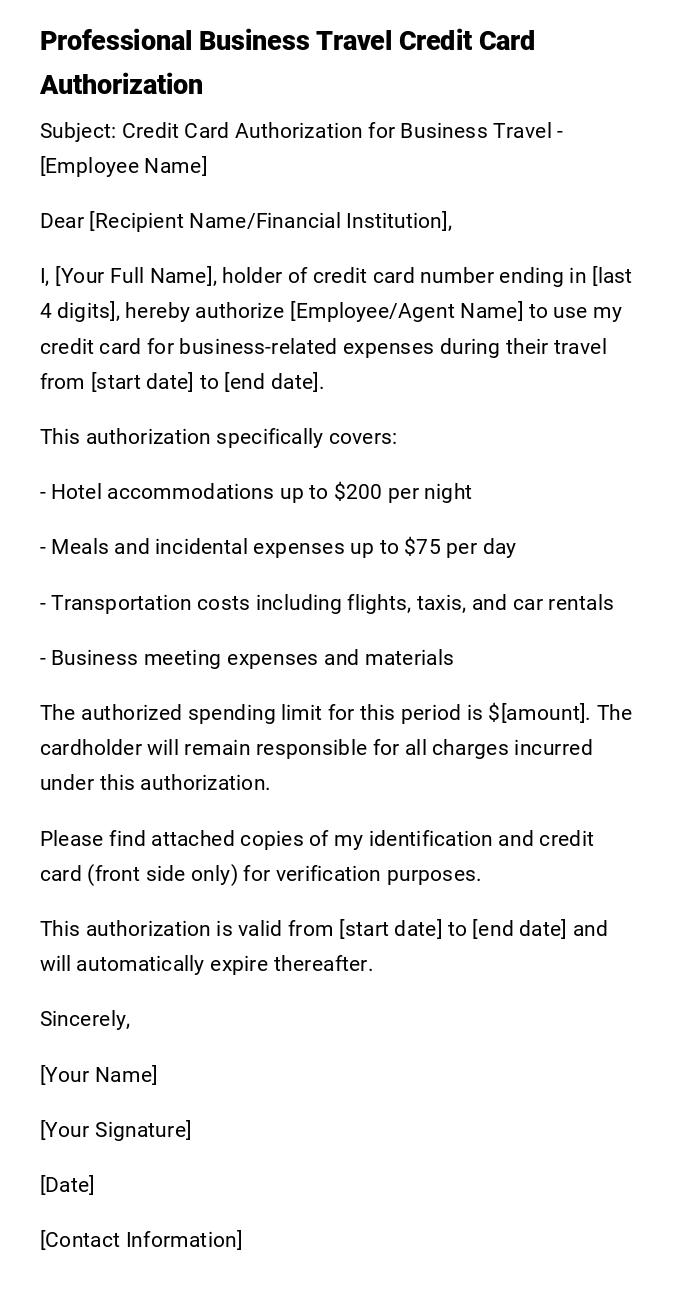 Professional Business Travel Credit Card Authorization
