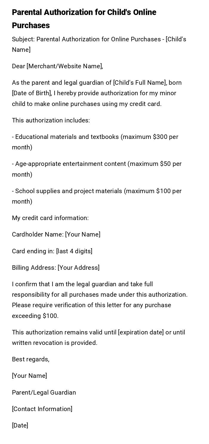 Parental Authorization for Child's Online Purchases