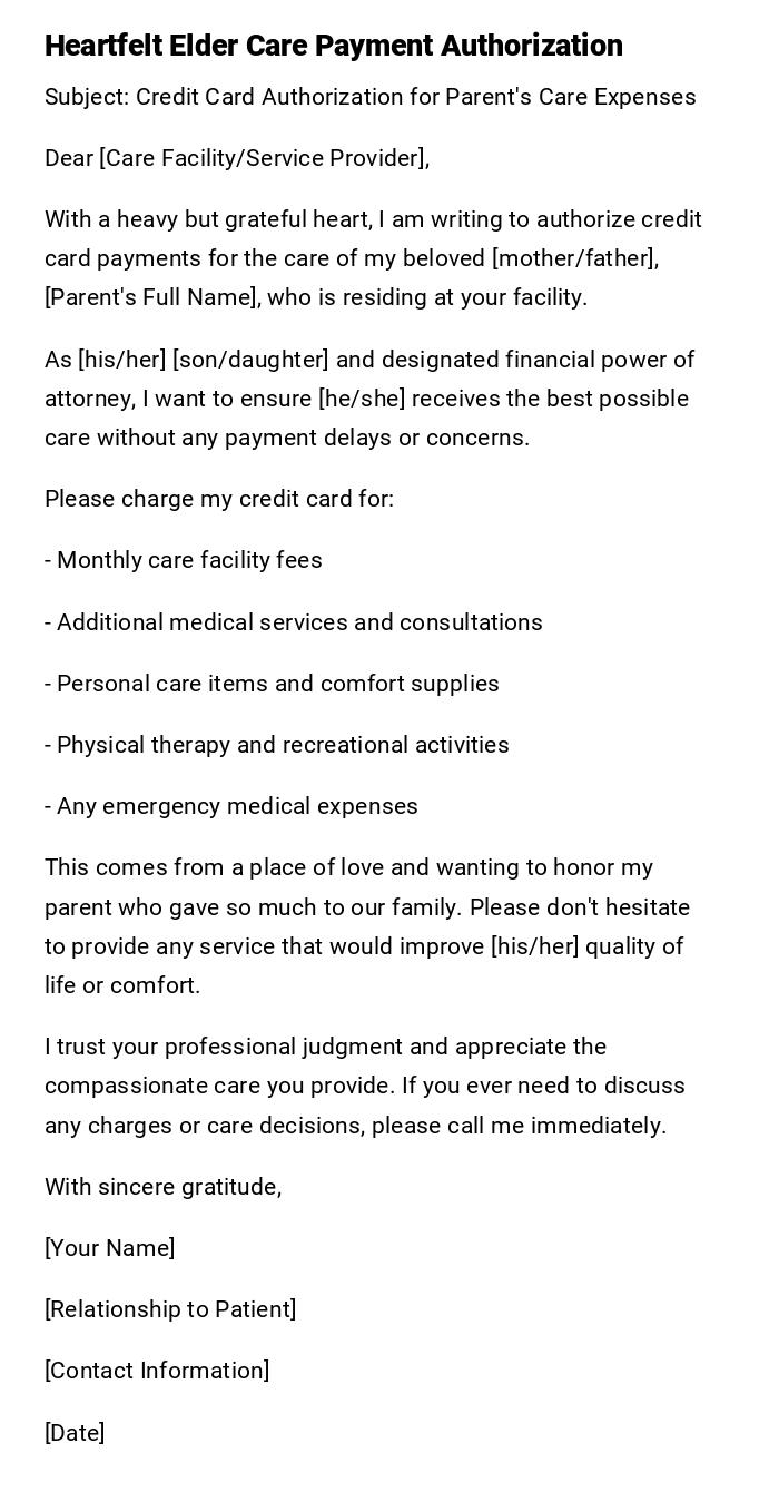 Heartfelt Elder Care Payment Authorization