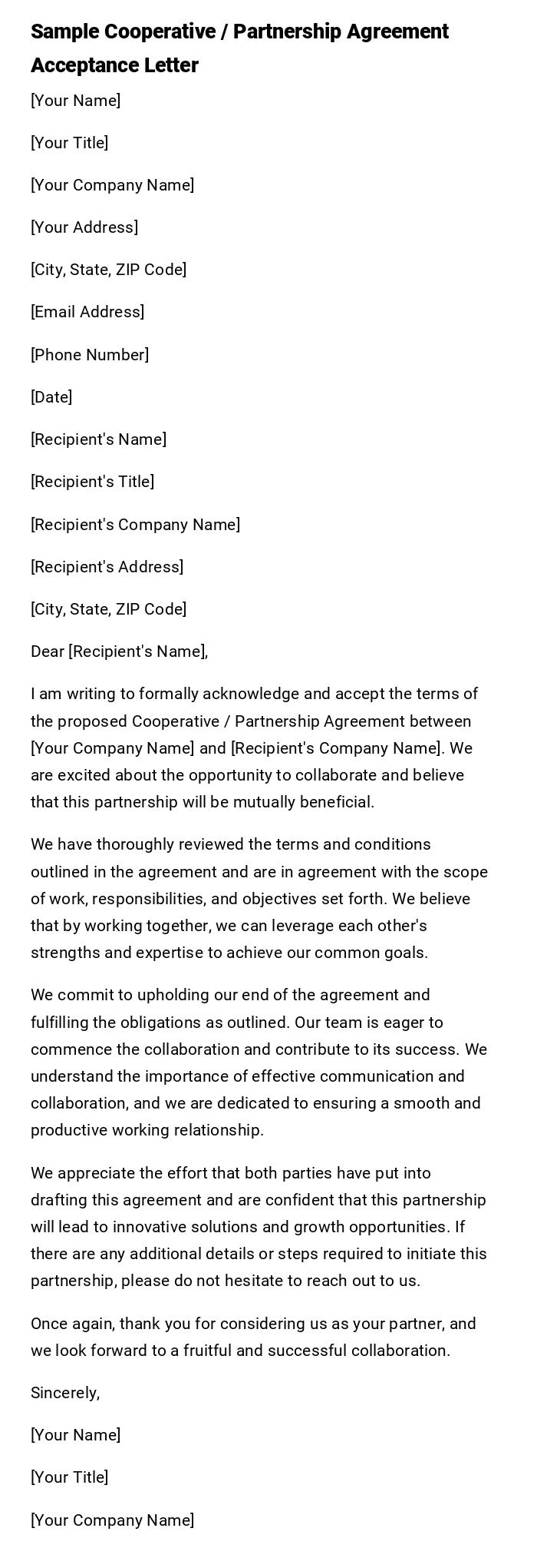Sample Cooperative / Partnership Agreement Acceptance Letter Sample Cooperative / Partnership Agreement Acceptance Letter