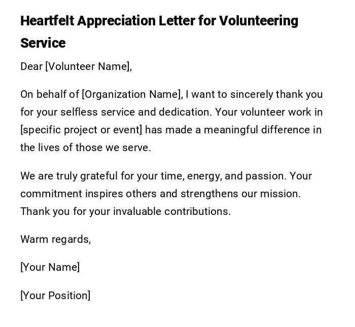 Heartfelt Appreciation Letter for Volunteering Service